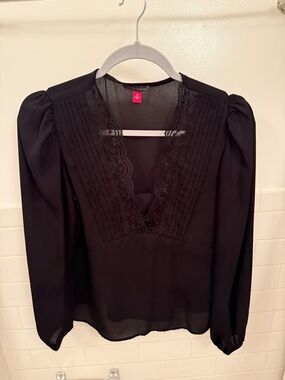 Vince Camuto Black Lace V-Neck Pintuck Blouse